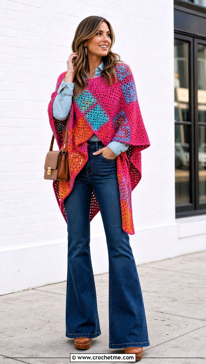 Patchwork Blanket Crochet Poncho With Flare Jeans - 15 Blanket Crochet Poncho outfit ideas