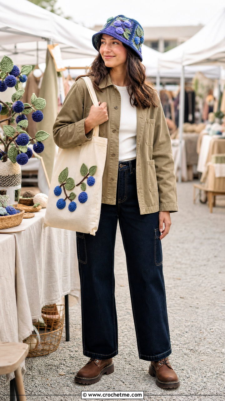 Patchwork Blueberry Crochet Bucket Hat With Chore Jacket And Carpenter Jeans - 35 blueberry crochet hat outfit ideas