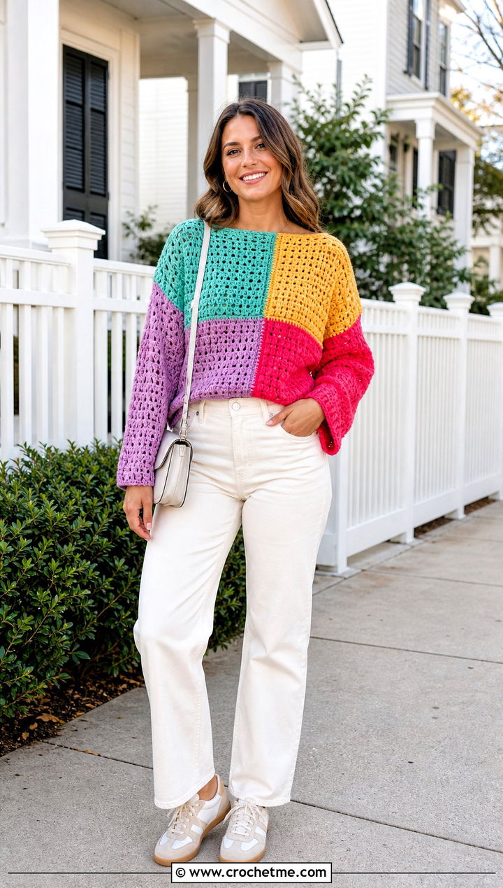 Patchwork Boatneck Crochet Sweater With White Jeans - 25 Boatneck Crochet Sweater outfit ideas