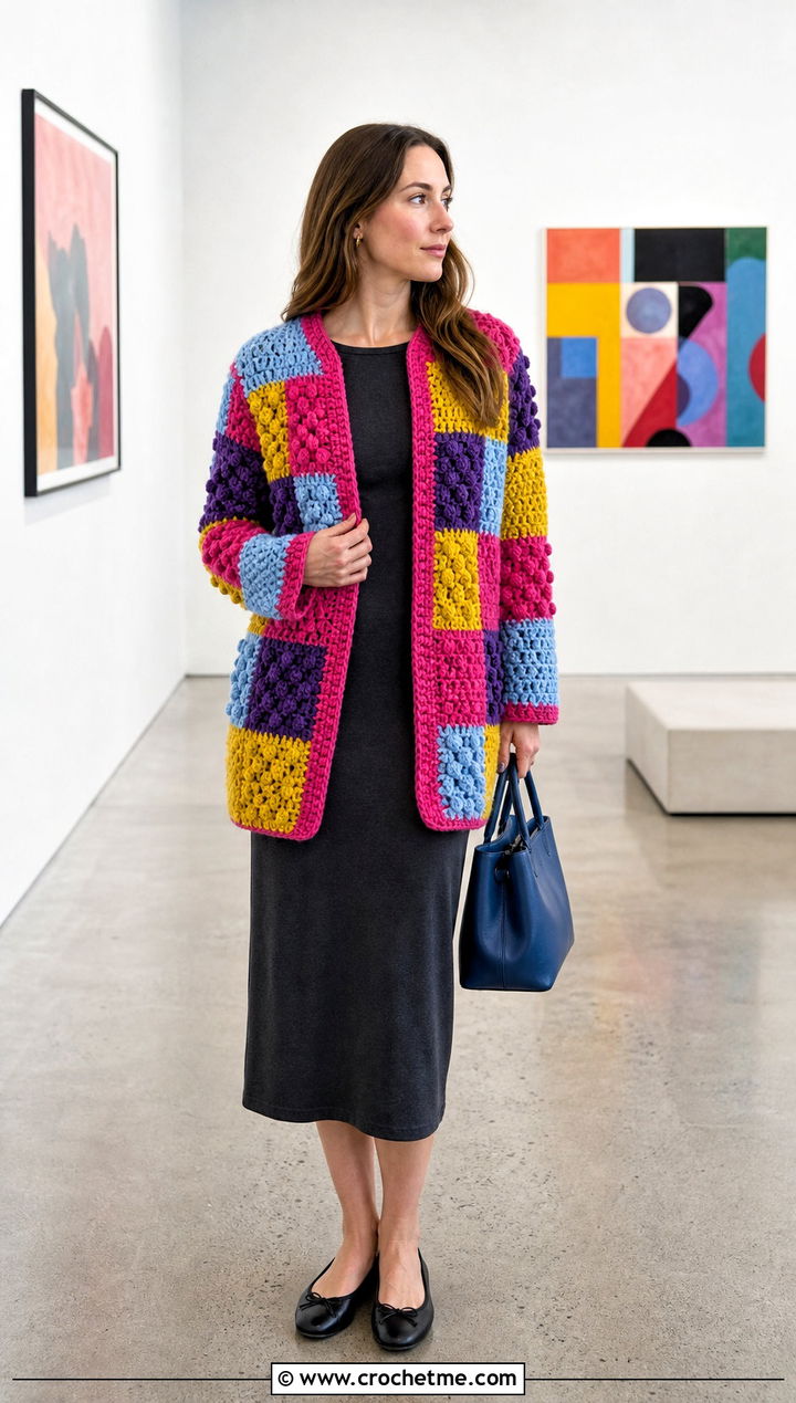 Patchwork Bobble Cardigan With Column Dress - 25 Crochet Bobble Cardigan outfit ideas