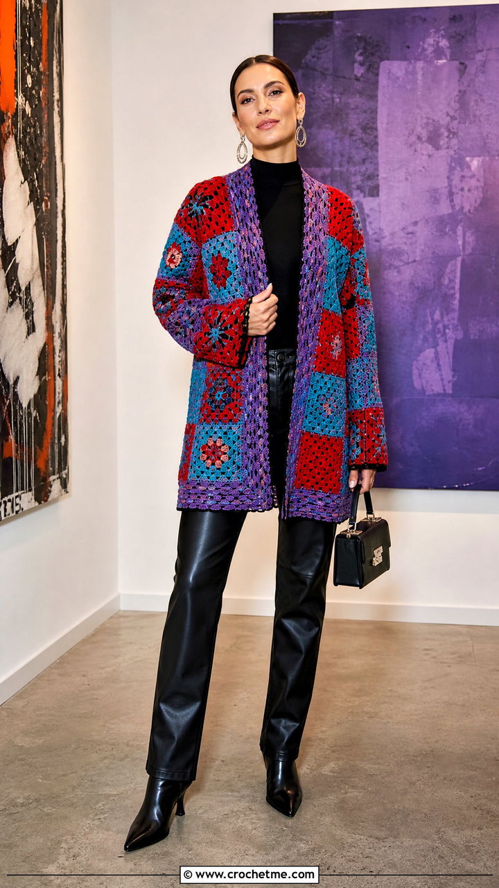 Patchwork Boho Crochet Cardigan With Leather Pants - 35 Boho Crochet Cardigan outfit ideas