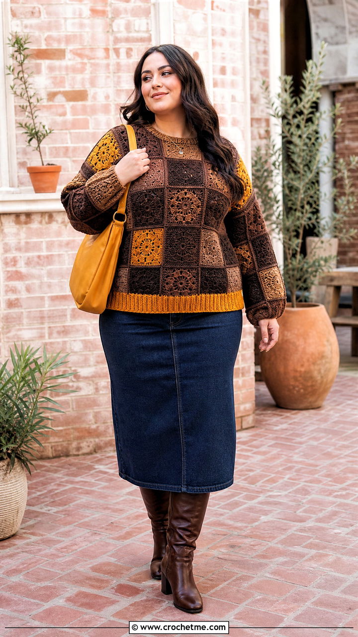 Patchwork Brown Crochet Sweater With Denim Midi Skirt - 35 crochet brown sweater outfit ideas