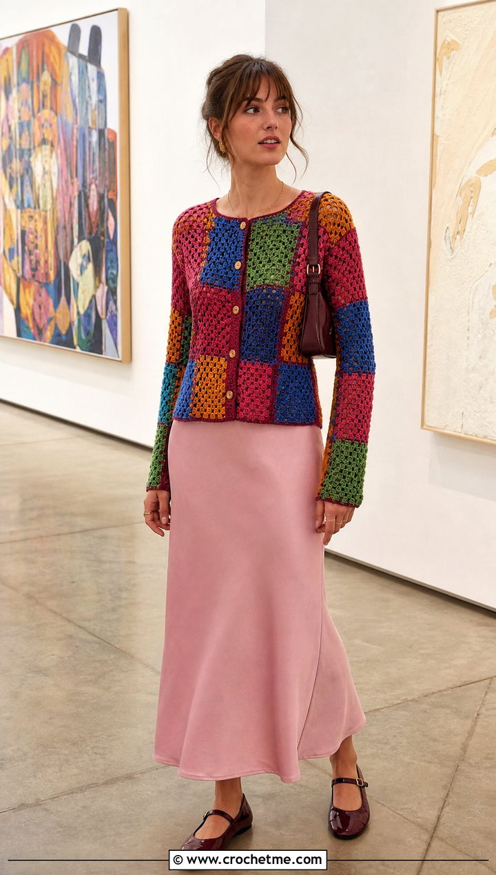 Patchwork Button Cardigan With Bias Maxi Skirt - 25 Crochet Button Cardigan outfit ideas