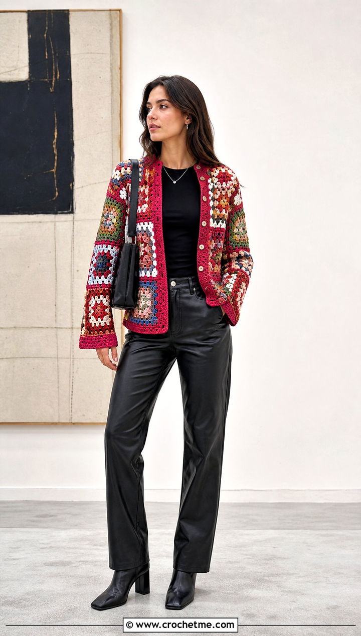 Patchwork Button Crochet Cardigan With Leather Pants - 15 crochet cardigan with button closure outfit ideas