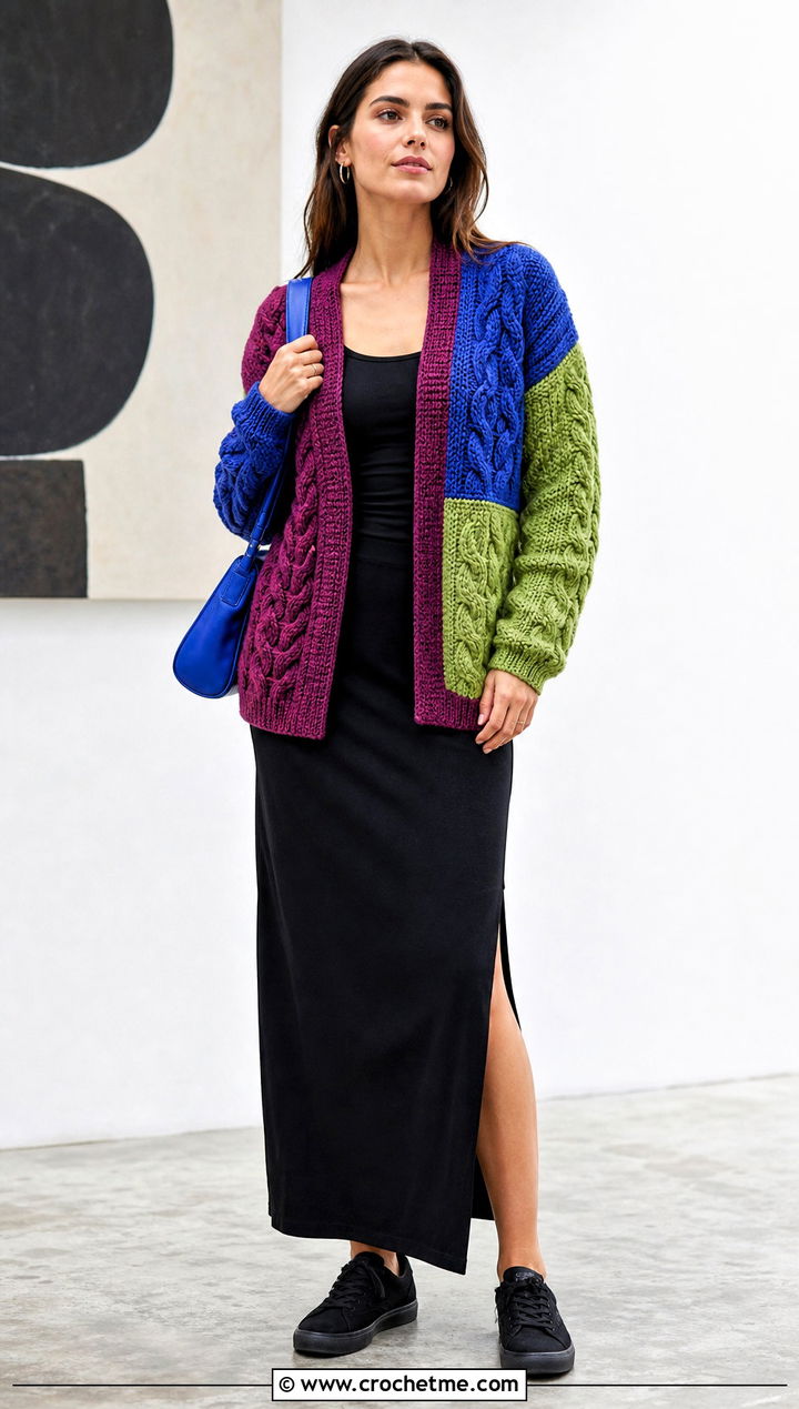 Patchwork Cable Crochet Cardigan With Black Column Skirt - 25 Crochet Cable Cardigan outfit ideas