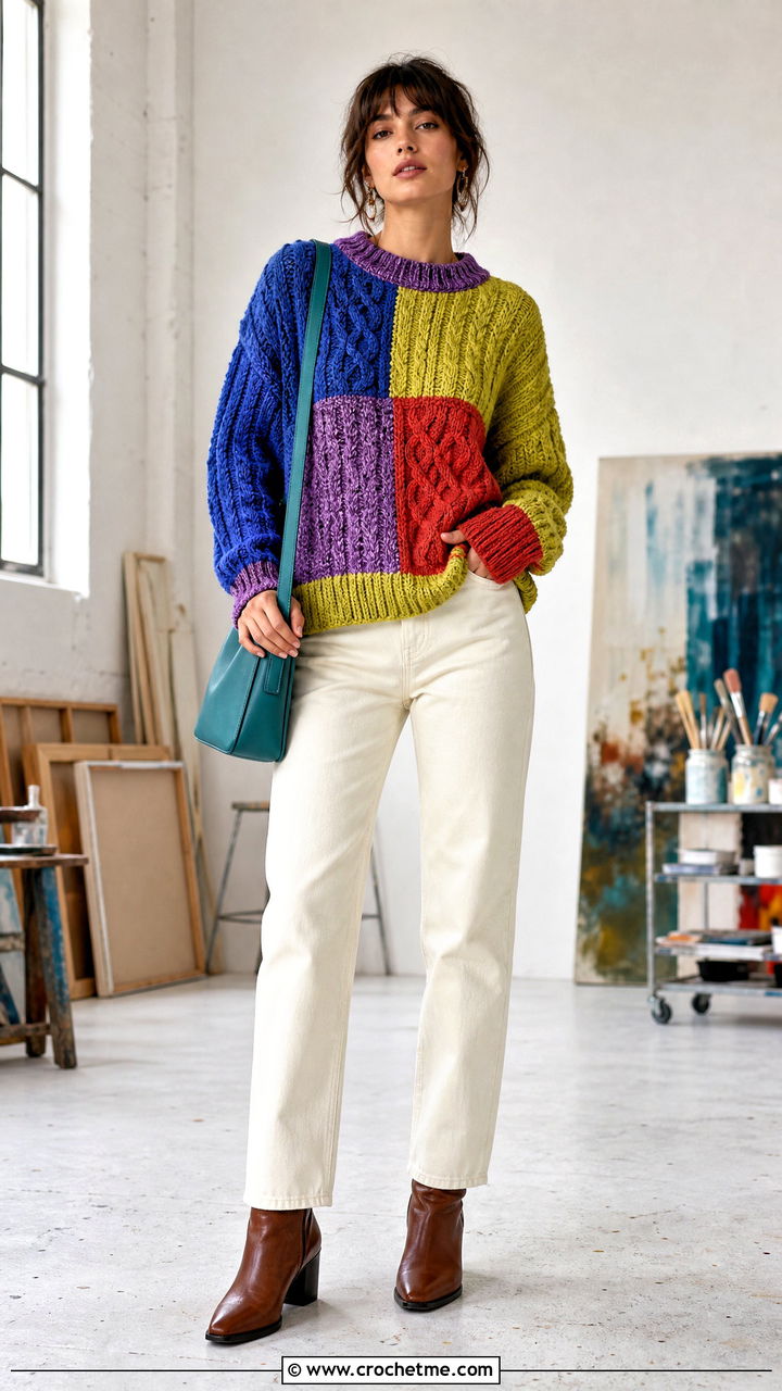 Patchwork Cable Sweater With Ecru Denim - 35 crochet cable sweater outfit ideas
