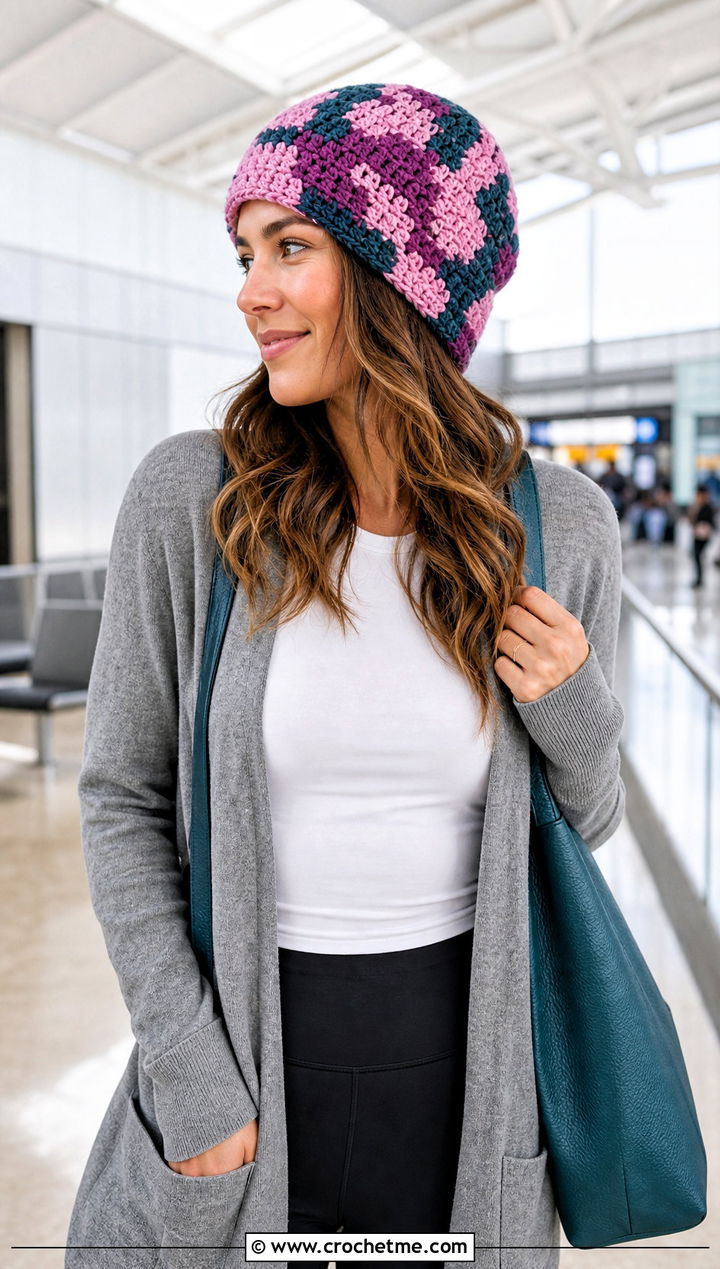 Patchwork Camo Crochet Beanie With Long Cardigan - 20 Camo Beanie Crochet Hat outfit ideas