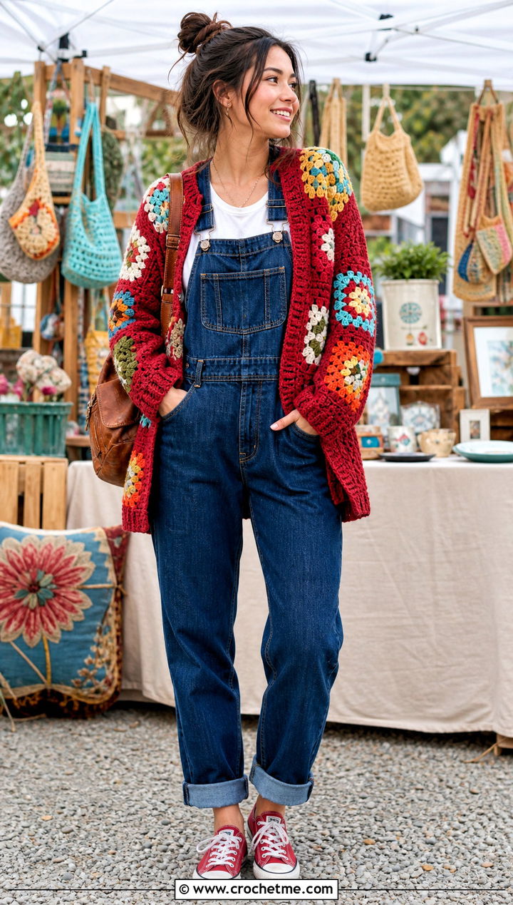 Patchwork Campfire Cardigan With Denim Overalls - 30 crochet campfire cardigan outfit ideas