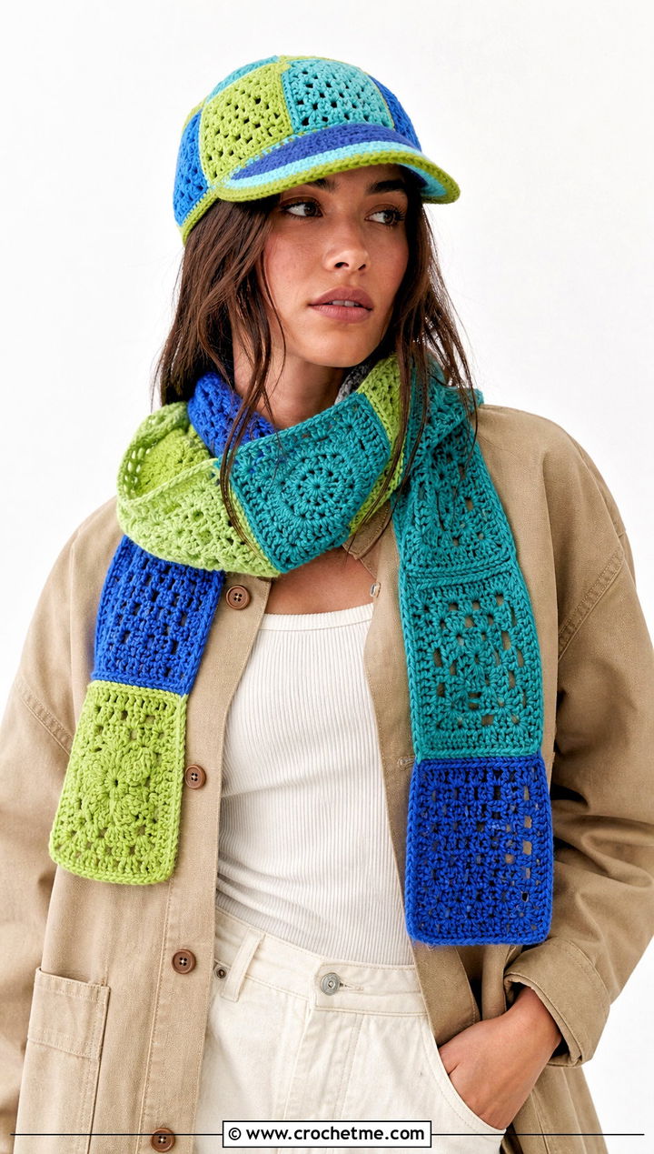 Patchwork Cap And Patchwork Scarf With Chore Jacket - 30 crochet hat and scarf outfit ideas