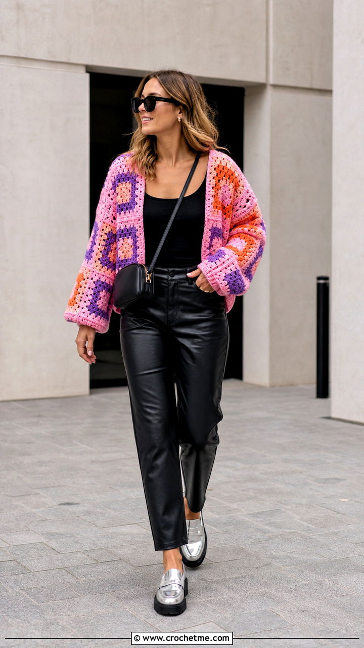 Patchwork Cardigan With Black Leather Pants - 35 chunky crochet cardigan outfit ideas