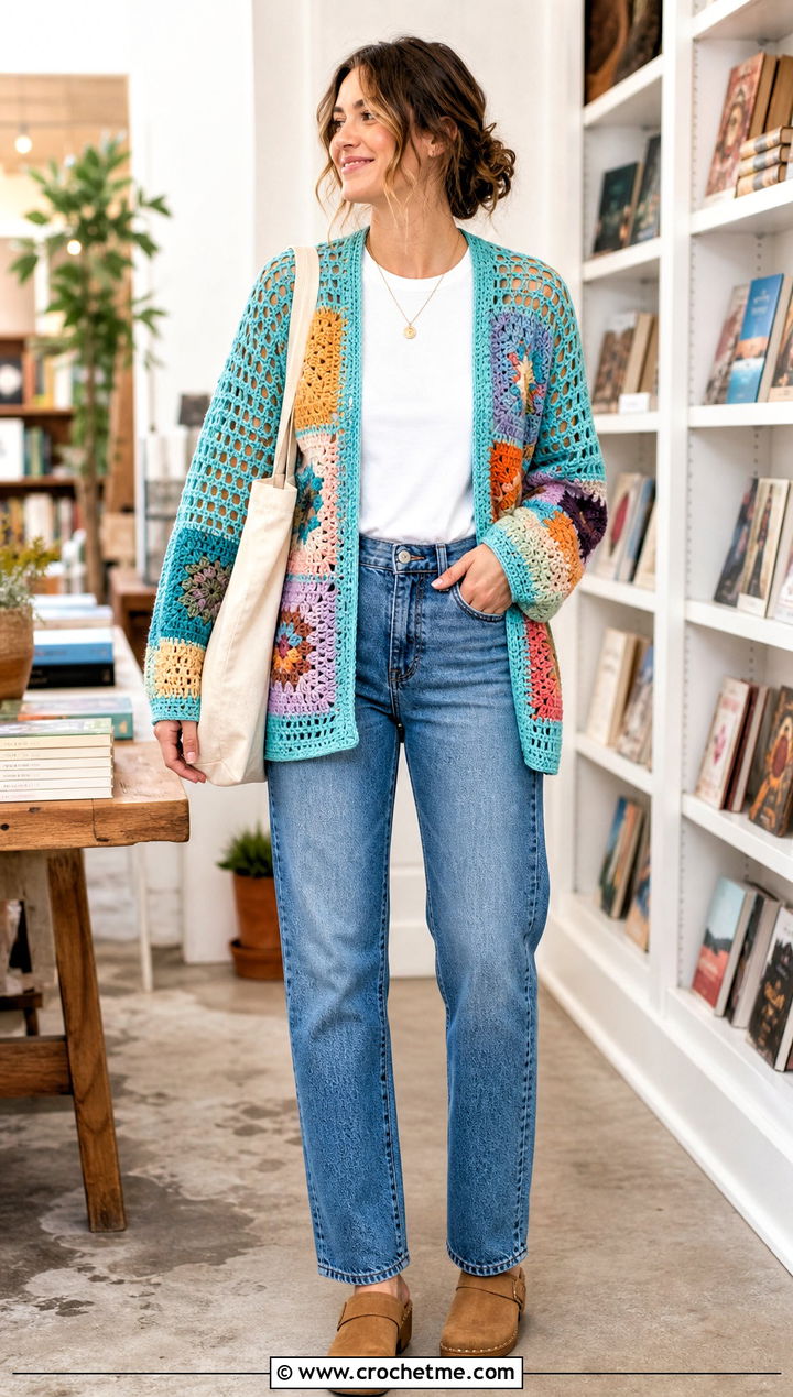 Patchwork Cardigan With Filet Lace Sleeves And Straight Jeans - 15 crochet cardigan with lace sleeves outfit ideas