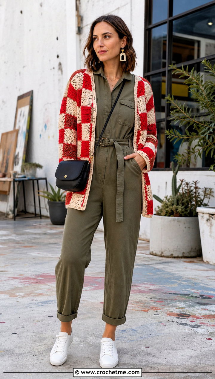 Patchwork Checkered Crochet Cardigan With Utility Jumpsuit - 25 Checkered Crochet Cardigan outfit ideas