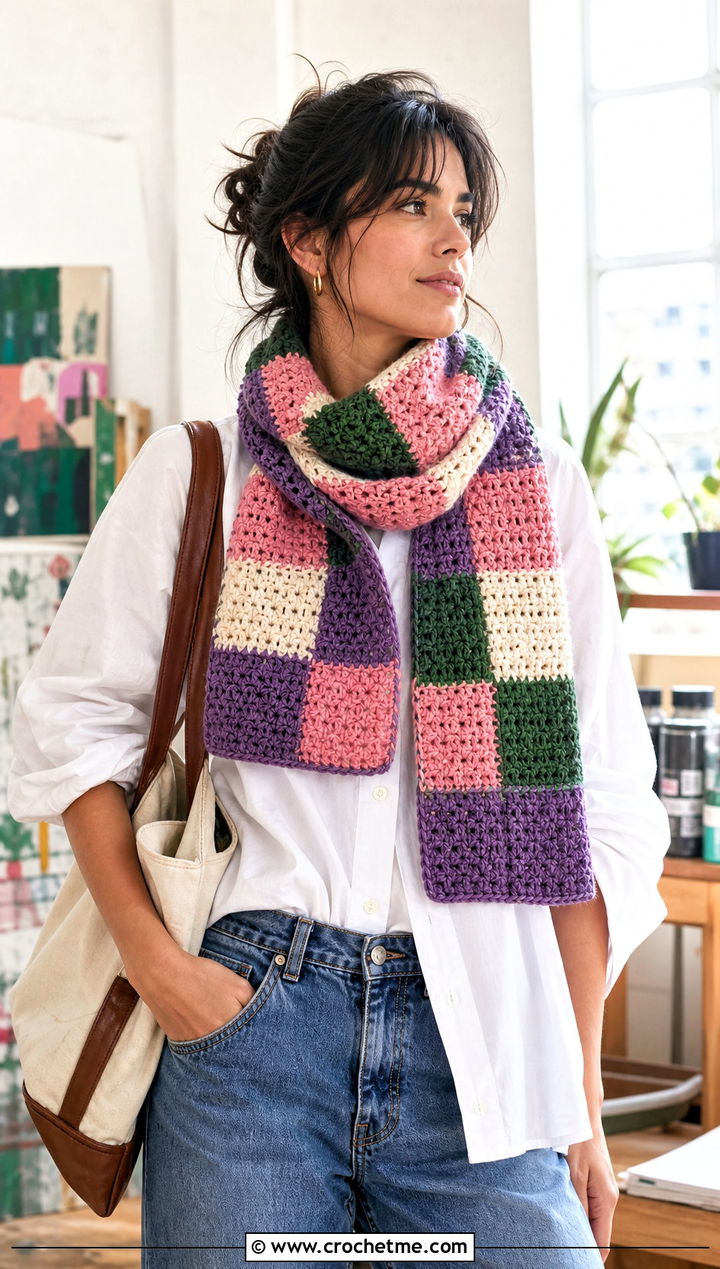 Patchwork Checkered Crochet Scarf With White Shirt and Barrel Jeans - 20 Checkered Crochet Scarf outfit ideas