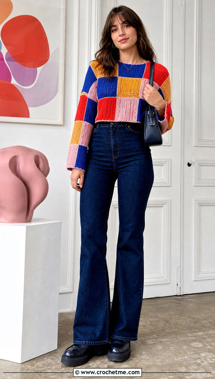 Patchwork Checkered Crochet Sweater With Flared Pants - 30 checkered crochet sweater outfit ideas
