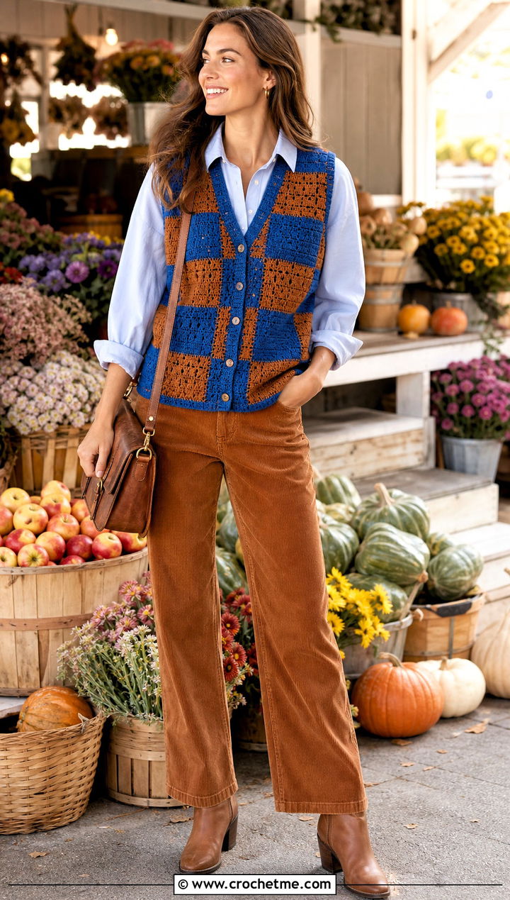 Patchwork Checkered Crochet Vest With Corduroy Pants - 30 checkered crochet vest outfit ideas