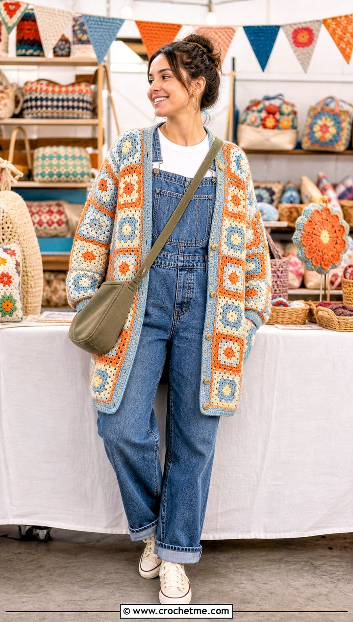 Patchwork Checkered Granny Square Cardigan With Denim Overalls - 25 checkered granny square cardigan outfit ideas