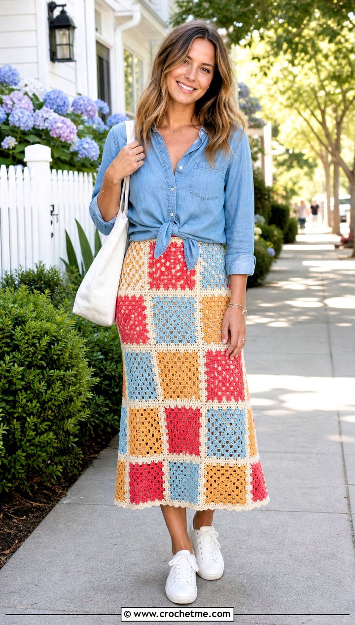 Patchwork Checkered Skirt With Chambray Shirt - 25 crochet checkered skirt outfit ideas