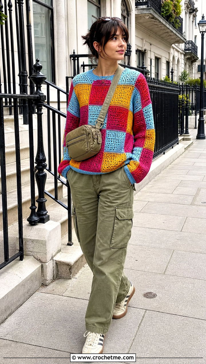 Patchwork Checkered Sweater With Cargo Pants - 30 crochet checkered sweater outfit ideas