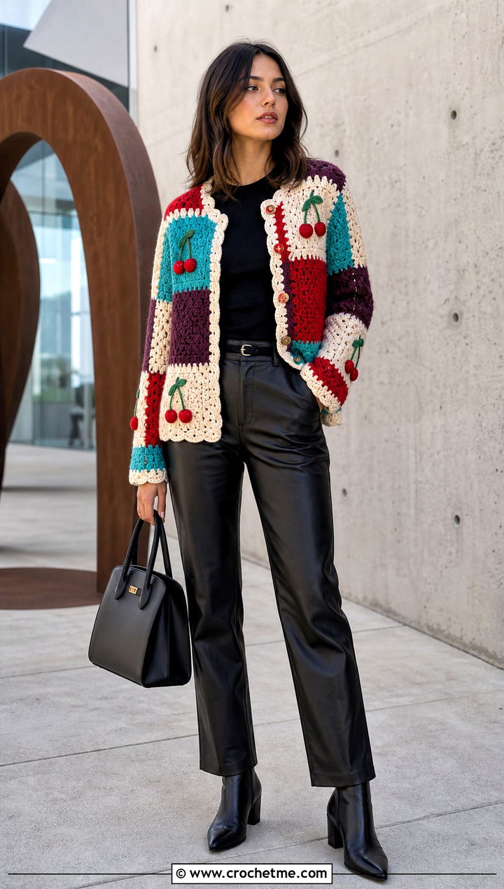 Patchwork Cherry Crochet Cardigan With Leather Pants - 30 cherry crochet cardigan outfit ideas