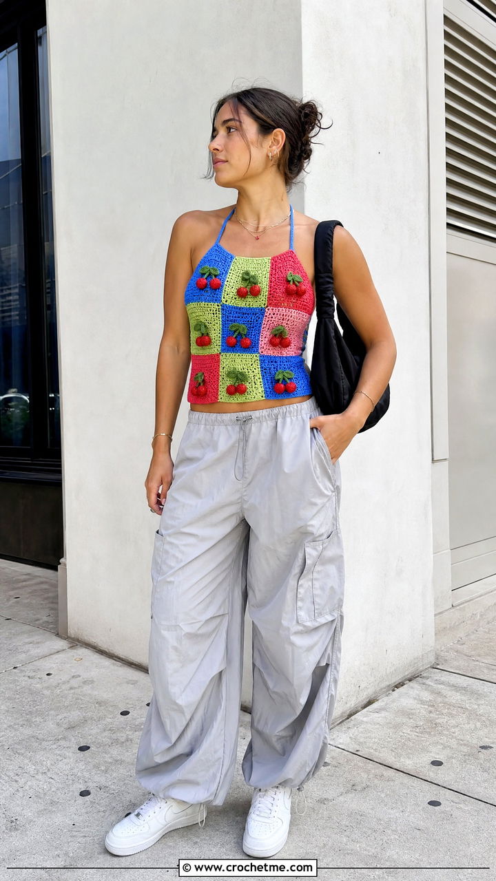Patchwork Cherry Crochet Top With Parachute Pants - 35 crochet cherry top outfit ideas