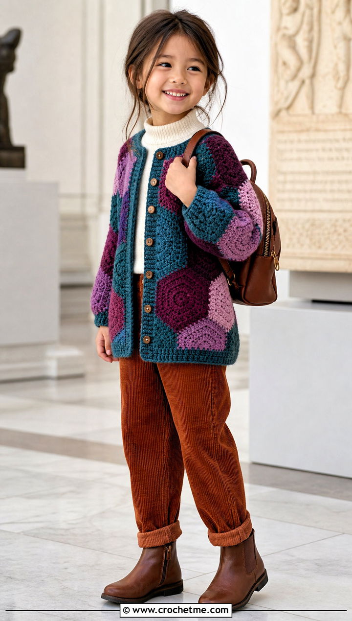 Patchwork Childs Hexagon Cardigan With Corduroy Pants - 15 Crochet Childs Hexagon Cardigan outfit ideas