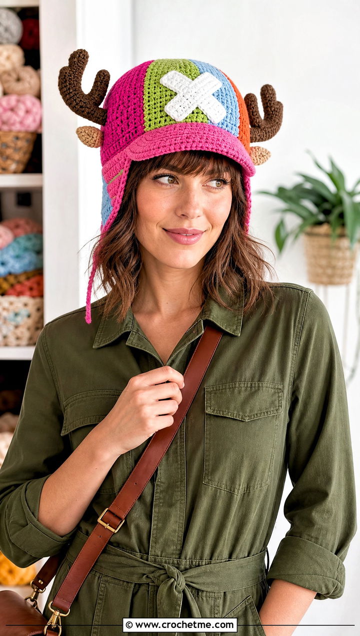 Patchwork Chopper Crochet Hat With Utility Jumpsuit - 25 chopper crochet hat outfit ideas
