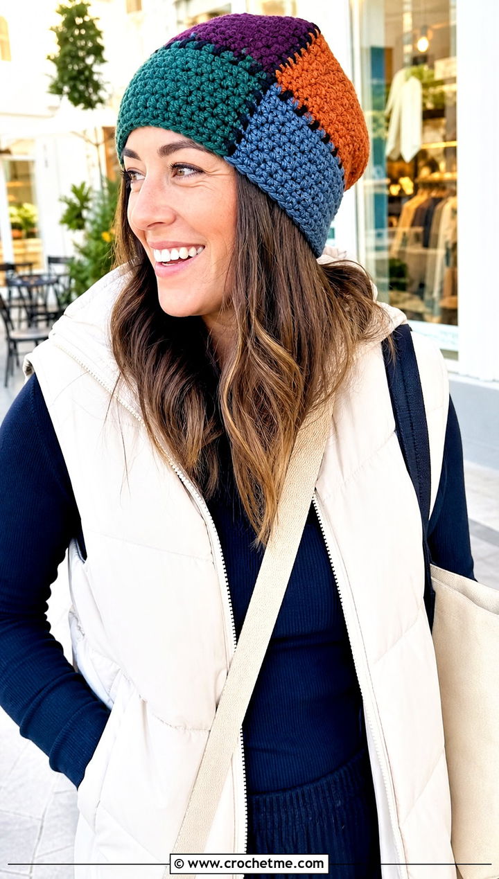 Patchwork Chunky Beanie With Long Puffer Vest - 35 crochet chunky beanie outfit ideas