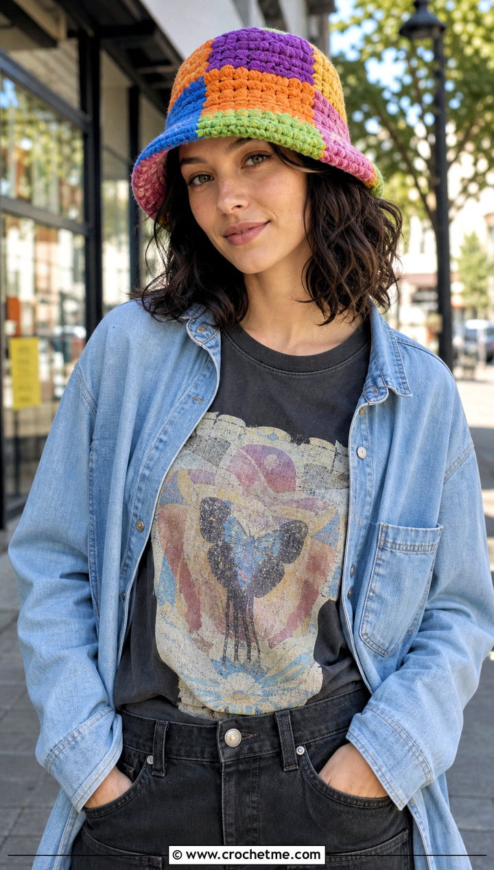 Patchwork Chunky Crochet Bucket Hat With Graphic Tee - 25 Chunky Crochet Bucket Hat outfit ideas