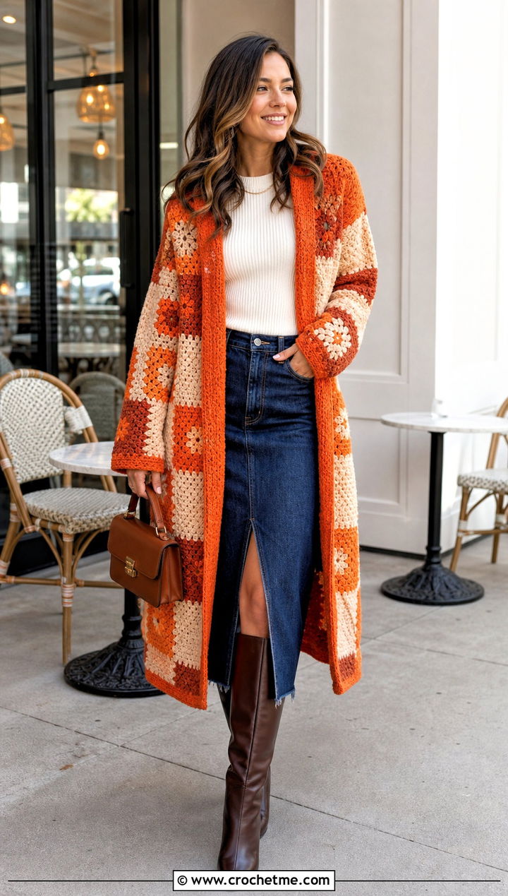 Patchwork Chunky Crochet Coat With Denim Midi Skirt - 25 Chunky Crochet Coat outfit ideas