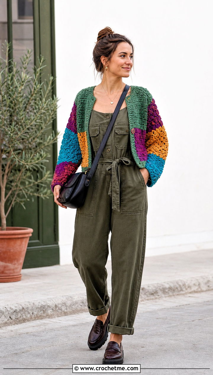 Patchwork Chunky Crochet Crop Cardigan With Utility Jumpsuit - 25 Chunky Crochet Crop Cardigan outfit ideas
