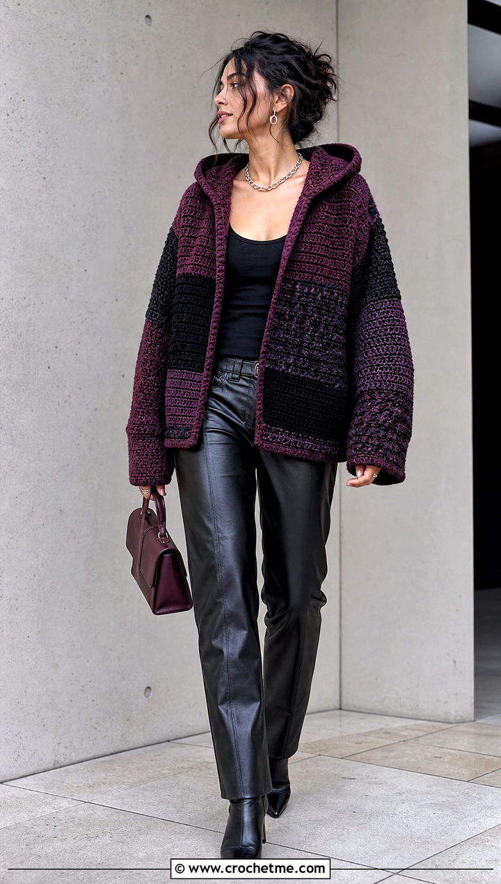 Patchwork Chunky Crochet Hoodie With Leather Pants - 25 crochet chunky hoodie outfit ideas