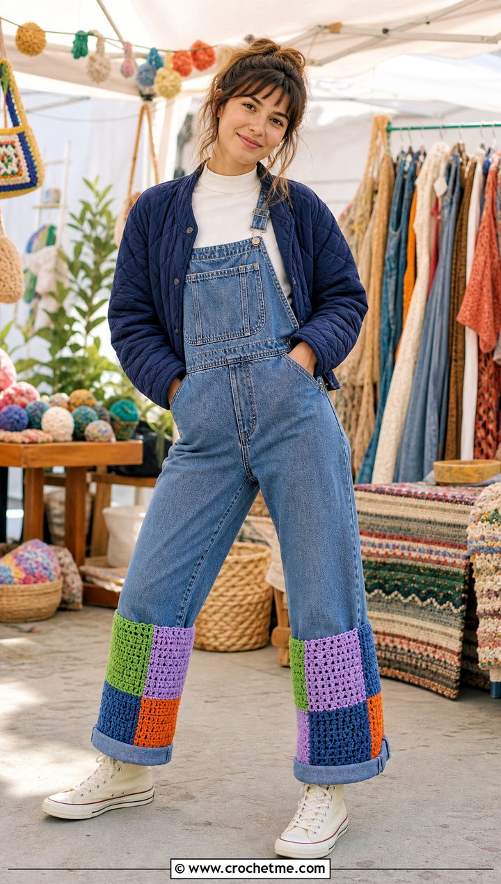 Patchwork Chunky Crochet Leg Warmers With Overalls - 25 chunky crochet leg warmers outfit ideas