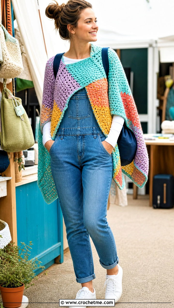 Patchwork Chunky Crochet Poncho With Denim Overalls - 25 Chunky Crochet Poncho outfit ideas