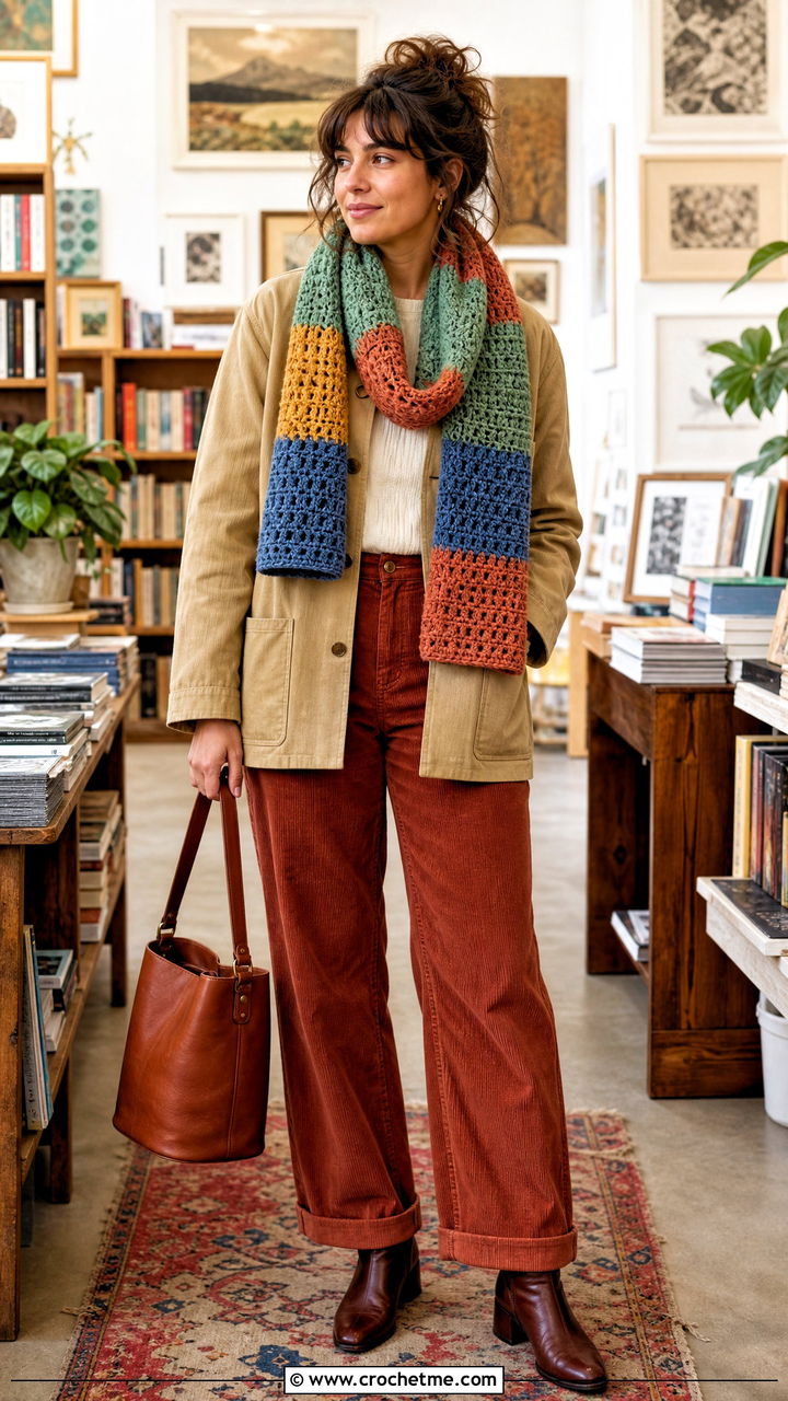 Patchwork Chunky Crochet Scarf With Chore Coat - 35 chunky crochet scarf outfit ideas