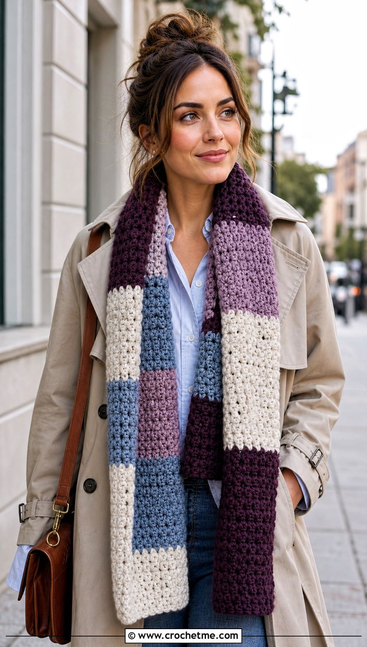 Patchwork Chunky Crochet Scarf With Trench Coat - 15 Crochet Scarves Chunky Yarn outfit ideas