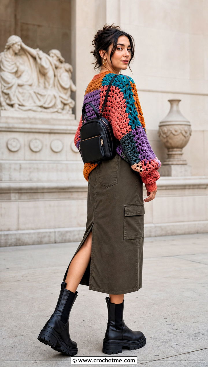 Patchwork Chunky Crochet Sweater With Utility Skirt - 25 Easy Chunky Crochet Sweater outfit ideas