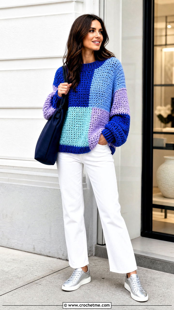 Patchwork Chunky Crochet Sweater With White Denim - 35 chunky crochet sweater outfit ideas