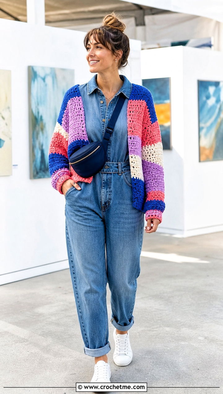 Patchwork Chunky Crochet Sweater With a Denim Jumpsuit - 25 Chunky Crochet Sweaters outfit ideas