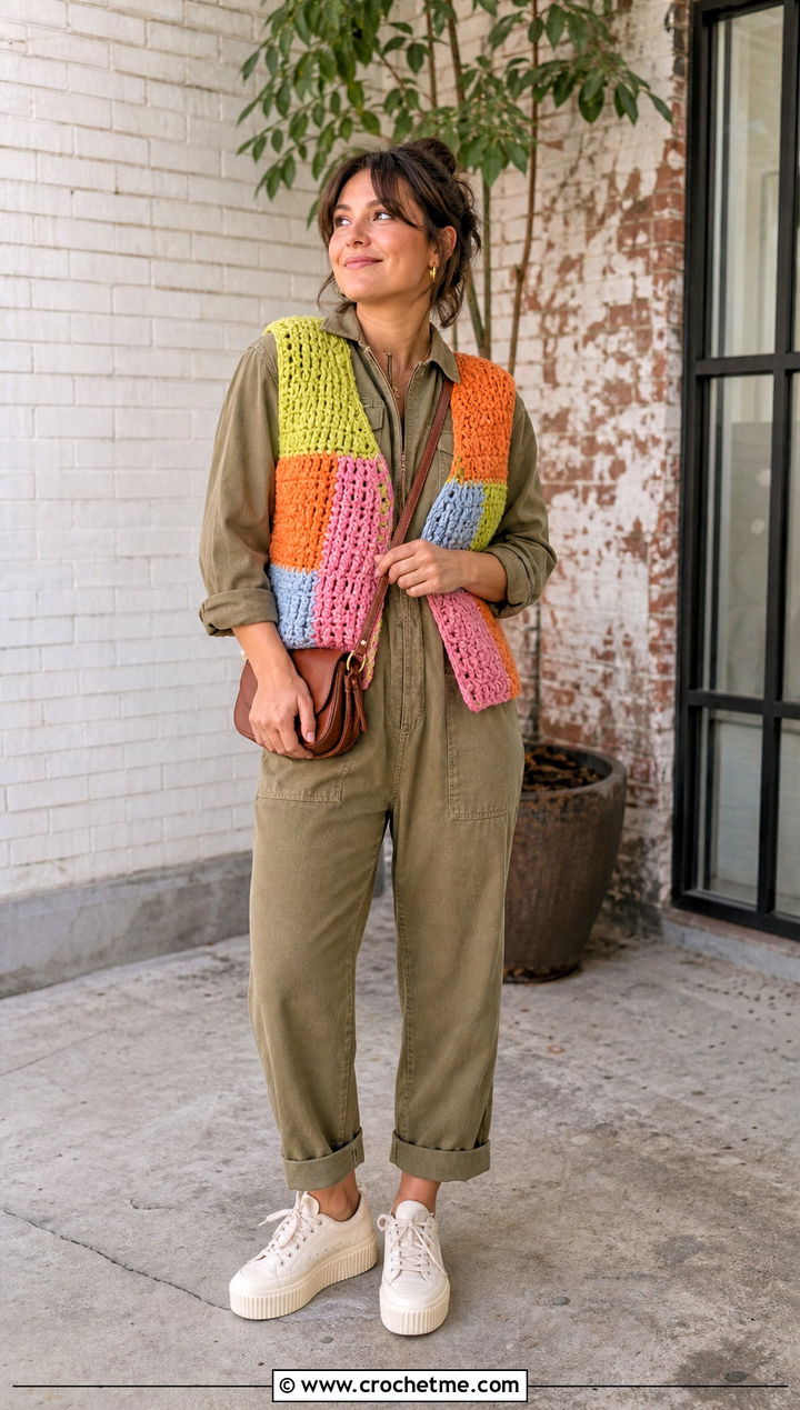 Patchwork Chunky Crochet Vest With Utility Jumpsuit - 25 Chunky Crochet Vest outfit ideas