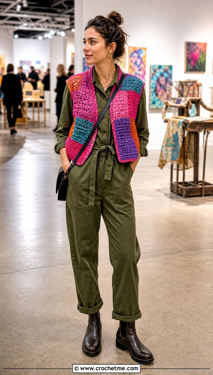 Patchwork Chunky Crochet Vest With Utility Jumpsuit - 30 crochet chunky vest outfit ideas