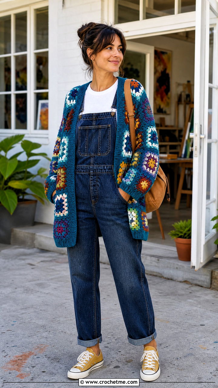 Patchwork Chunky Granny Square Cardigan With Denim Overalls - 35 Chunky Granny Square Cardigan outfit ideas