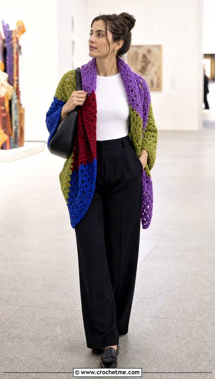 Patchwork Chunky Shawl With Minimalist Separates - 25 Crochet Chunky Shawl outfit ideas