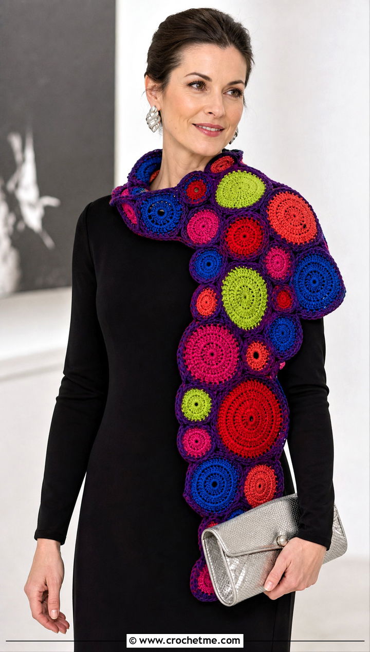 Patchwork Circle Crochet Scarf With Black Dress And Heeled Boots - 15 crochet scarf with colorful circles outfit ideas