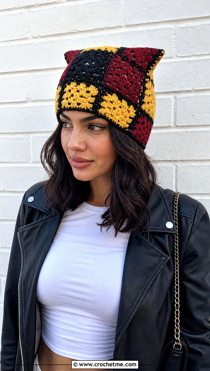Patchwork Clancy Crochet Beanie With Leather Jacket And Mini Skirt - 30 clancy beanie crochet outfit ideas