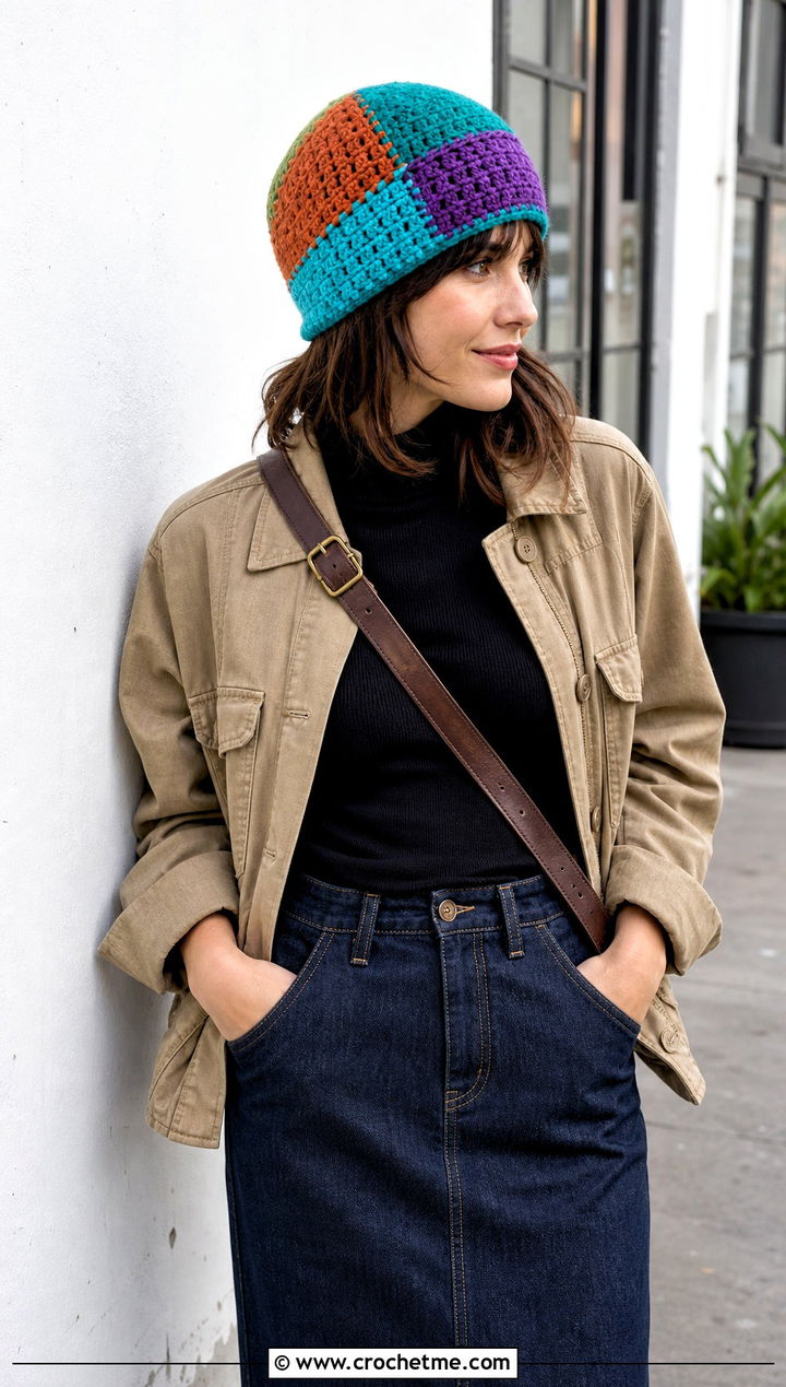 Patchwork Color Block Crochet Beanie With Utility Jacket - 20 Color Block Crochet Beanie outfit ideas