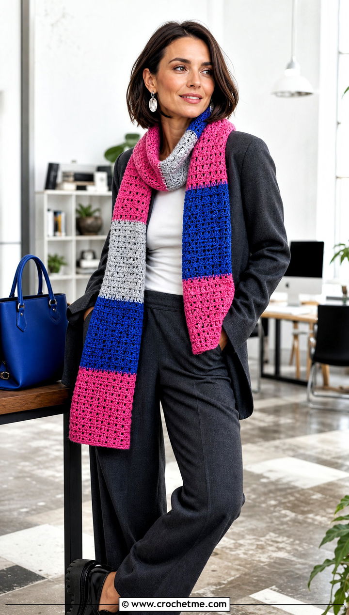 Patchwork Color Block Crochet Scarf With Pantsuit - 25 Color Block Crochet Scarf outfit ideas