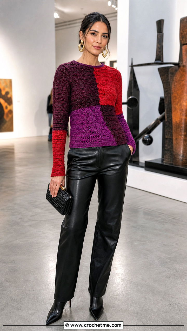 Patchwork Color Block Crochet Sweater With Leather Pants - 25 Color Block Crochet Sweater outfit ideas