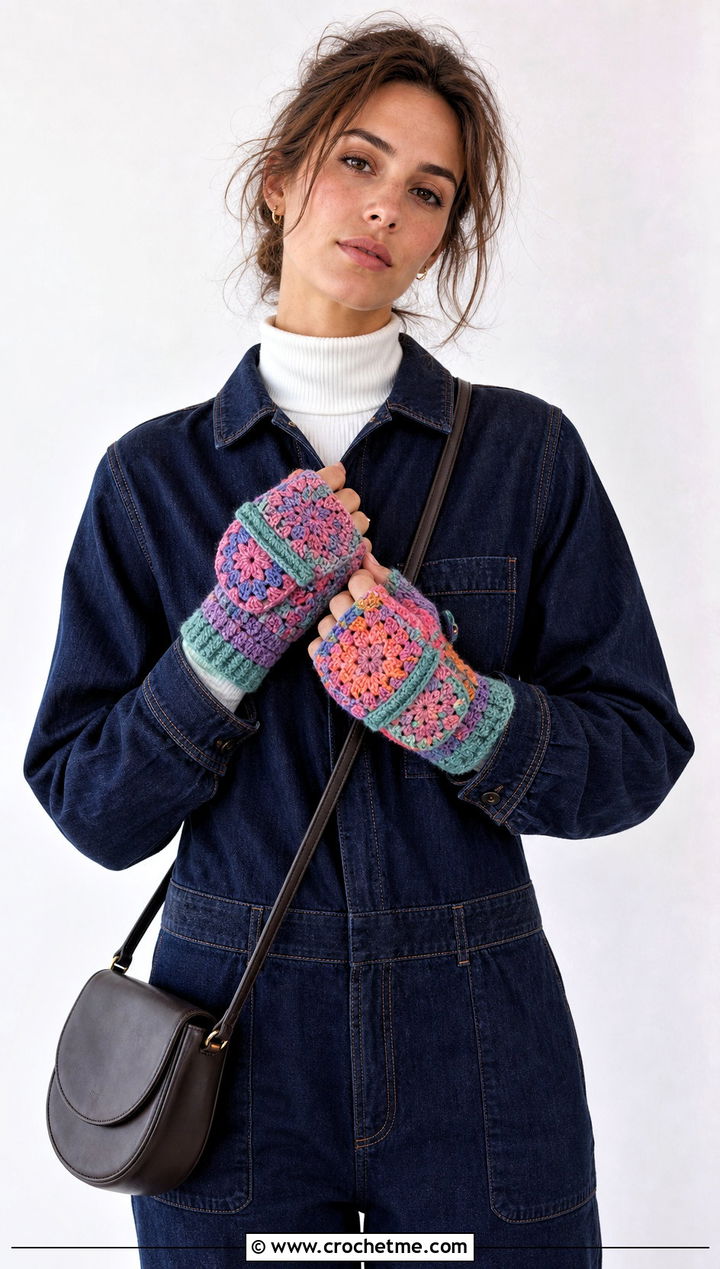 Patchwork Convertible Gloves With Boiler Suit and Sneakers - 20 Convertible Crochet Gloves outfit ideas