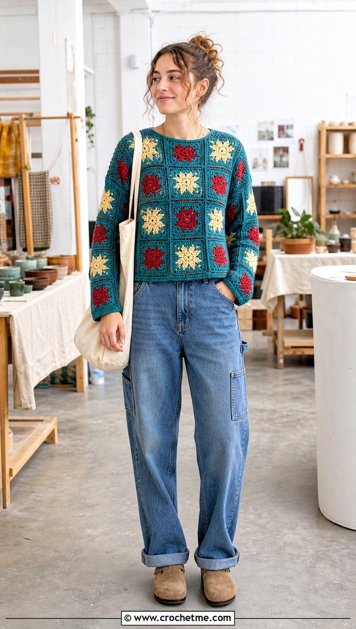 Patchwork Coraline Star Crochet Sweater With Carpenter Jeans - 25 Coraline Star Crochet Sweater outfit ideas
