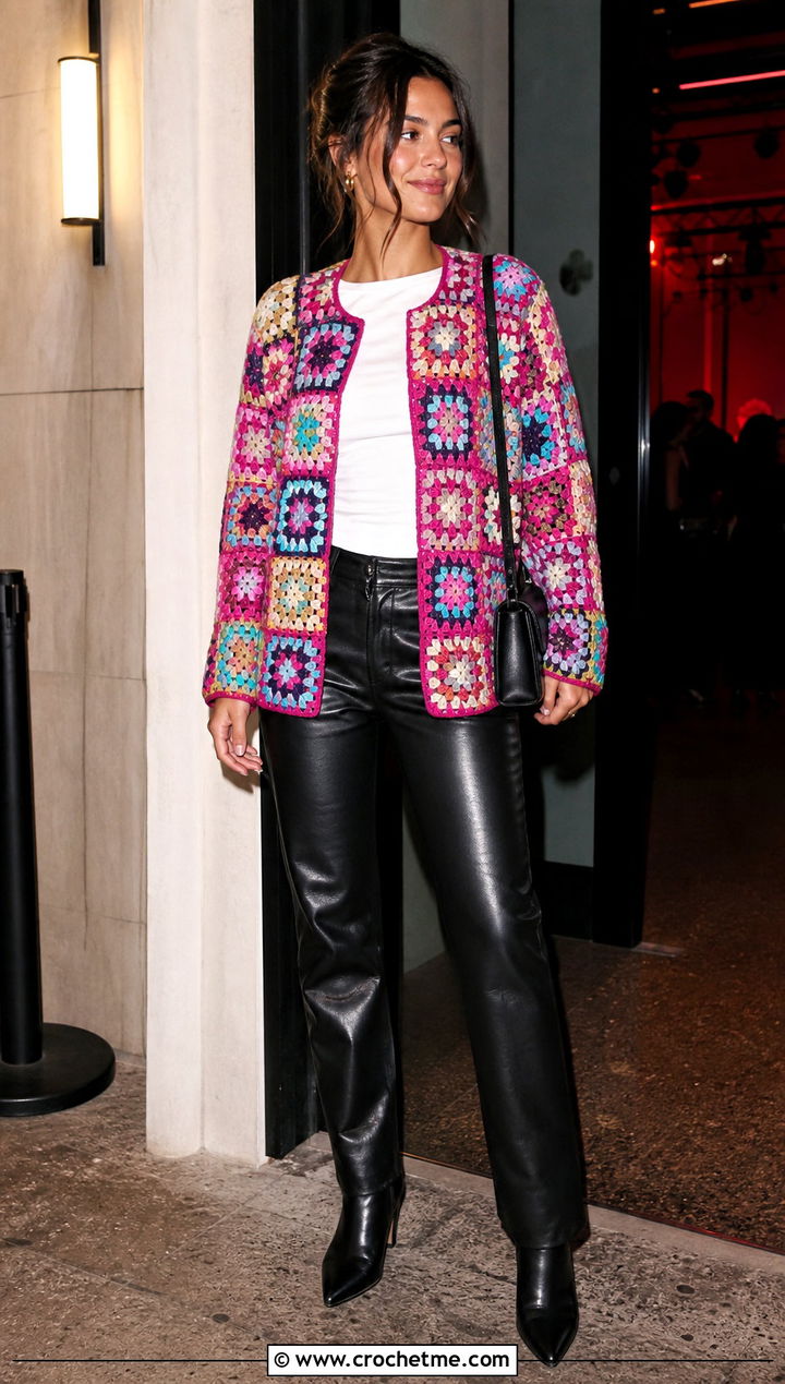 Patchwork Cotton Granny Square Cardigan With Leather Pants - 25 cotton granny square cardigan outfit ideas